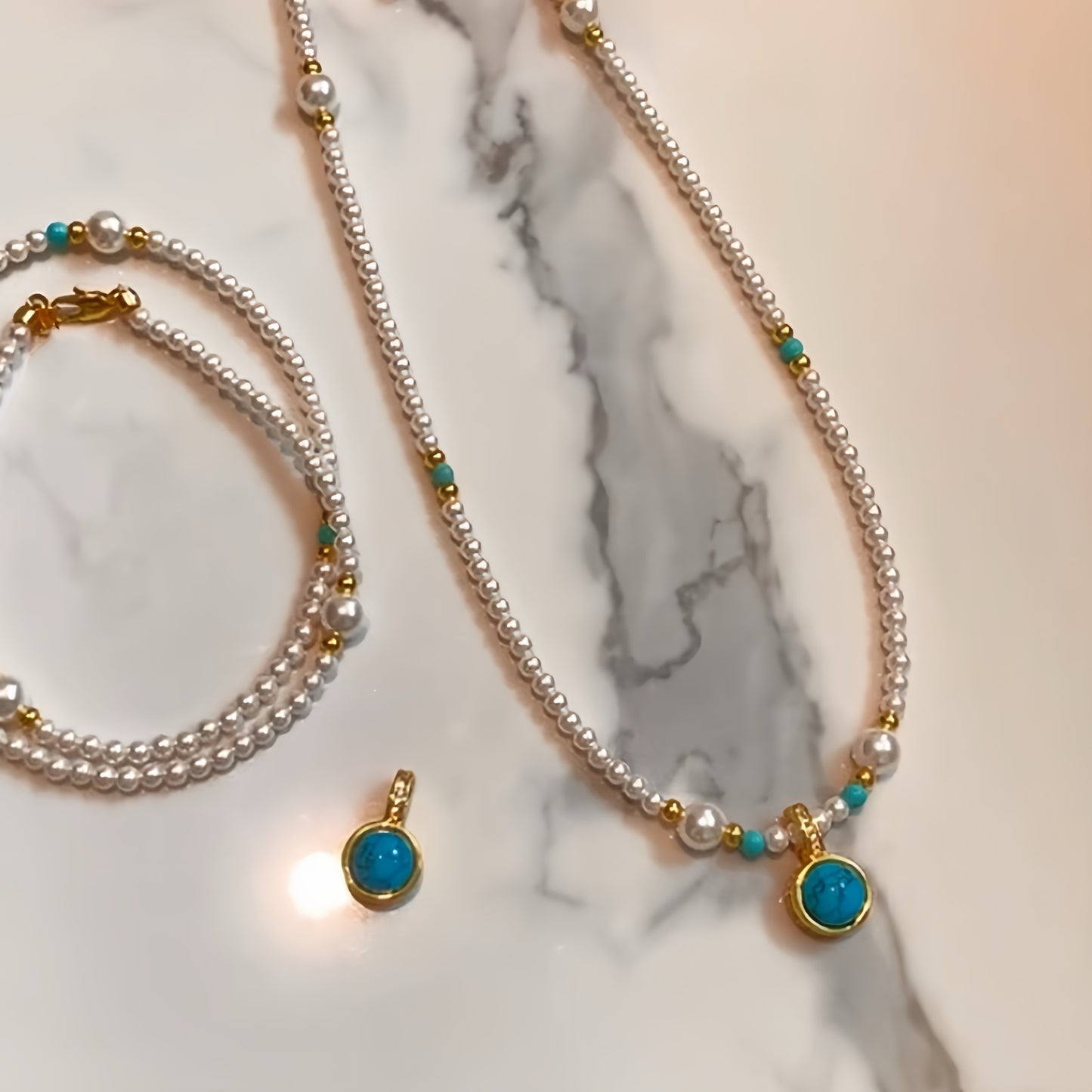 Pearl Necklace with Turquoise Pendant - LunaVista