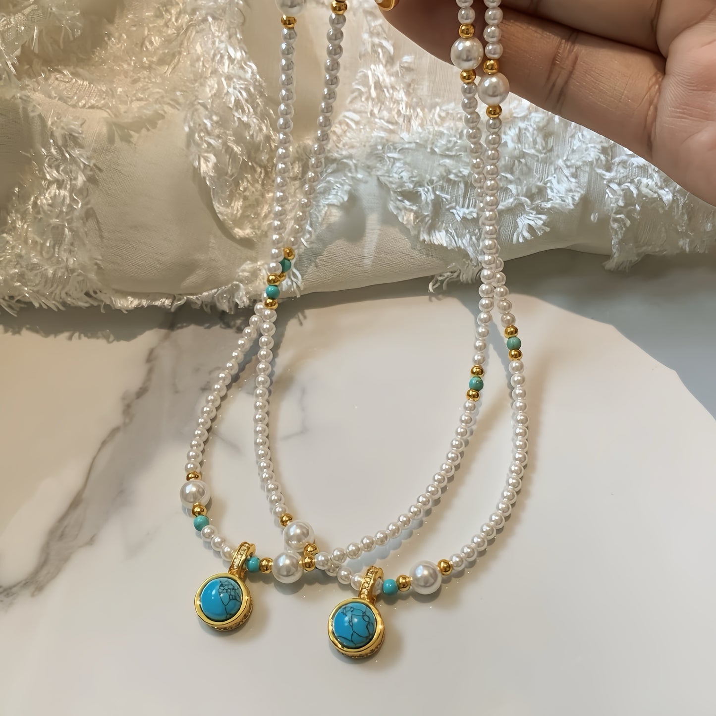 Pearl Necklace with Turquoise Pendant - LunaVista