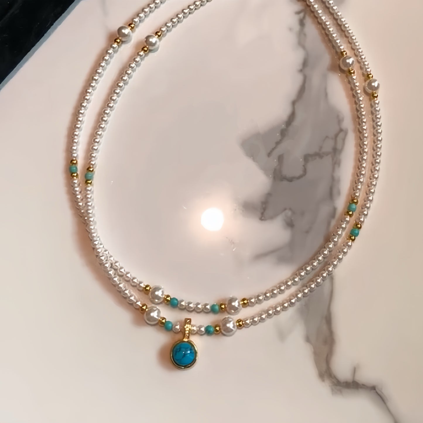 Pearl Necklace with Turquoise Pendant - LunaVista