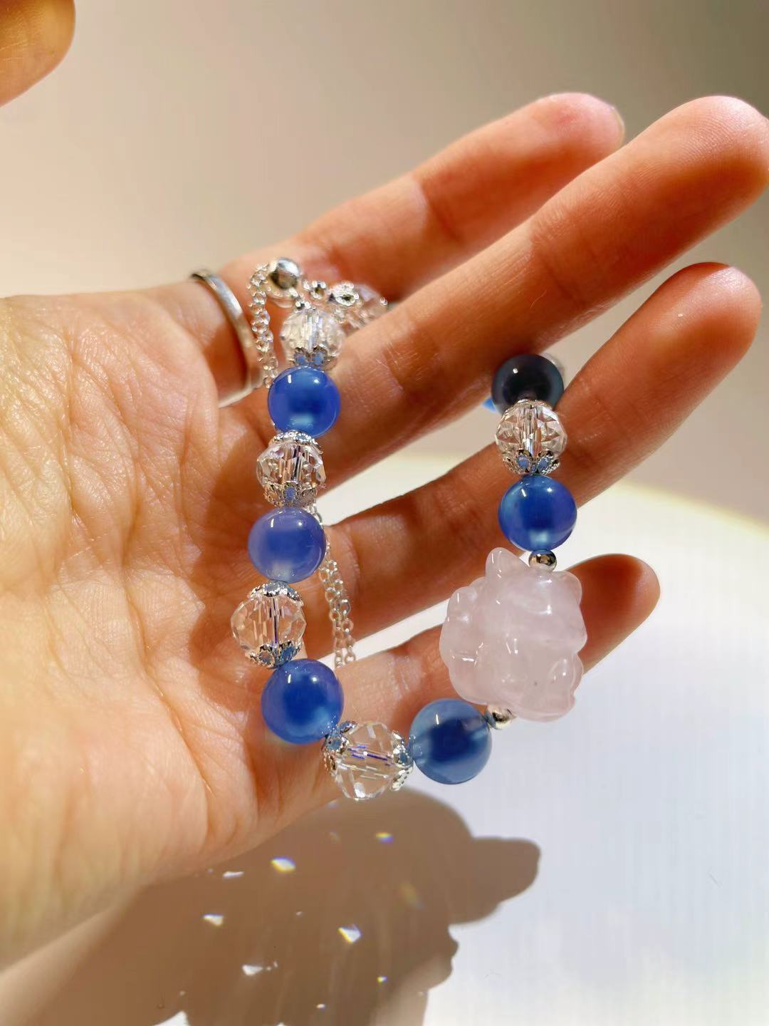 Sugar Heart Agate Bead Bracelet with Rose Quartz Pink Crystal Fox - LunaVista