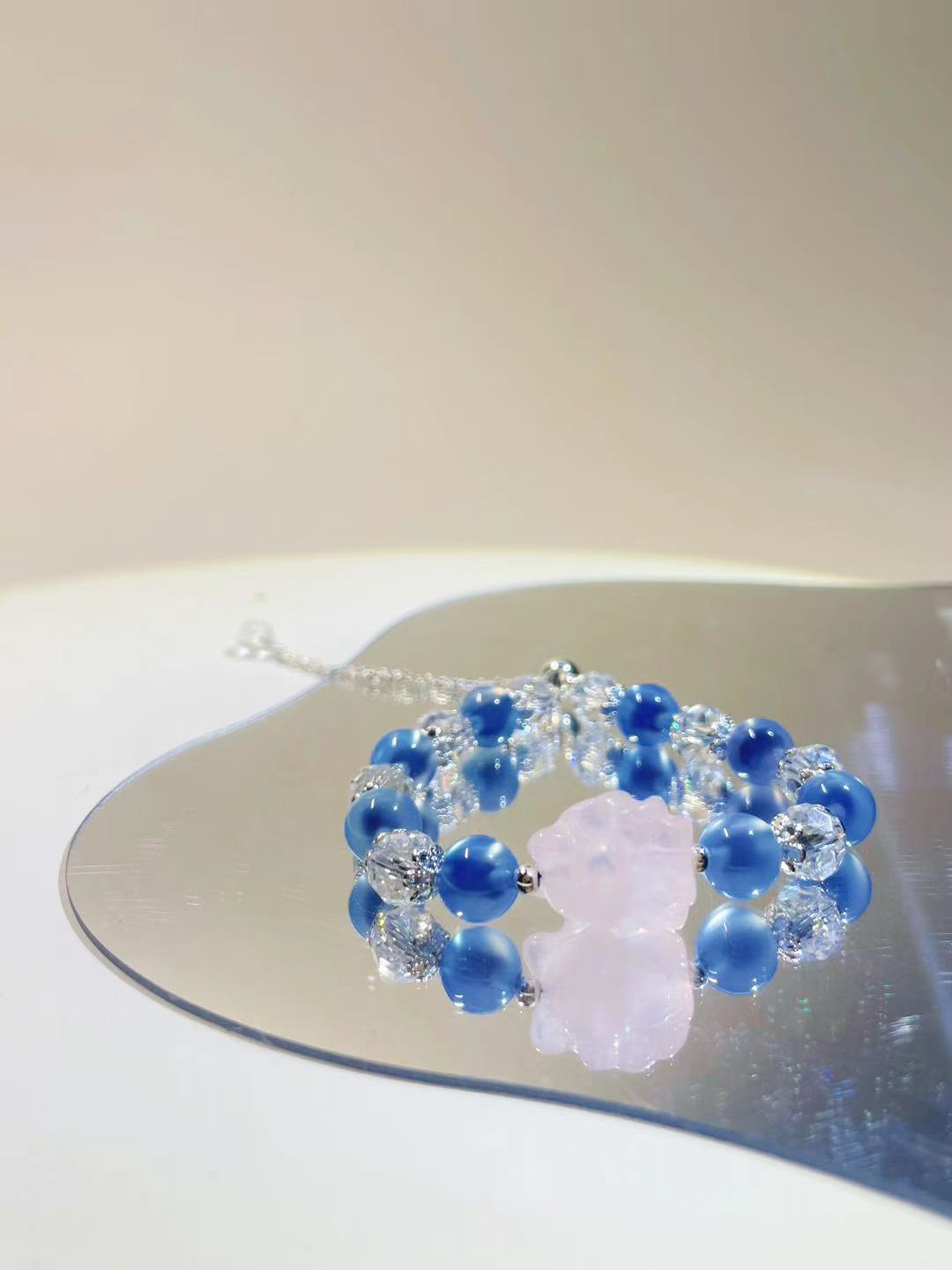 Sugar Heart Agate Bead Bracelet with Rose Quartz Pink Crystal Fox - LunaVista