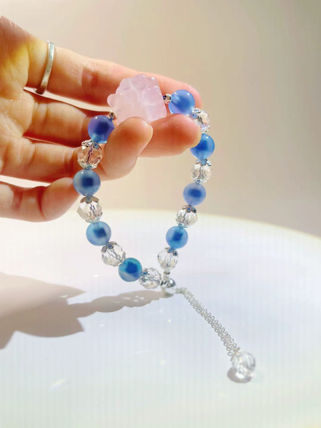 Sugar Heart Agate Bead Bracelet with Rose Quartz Pink Crystal Fox - LunaVista
