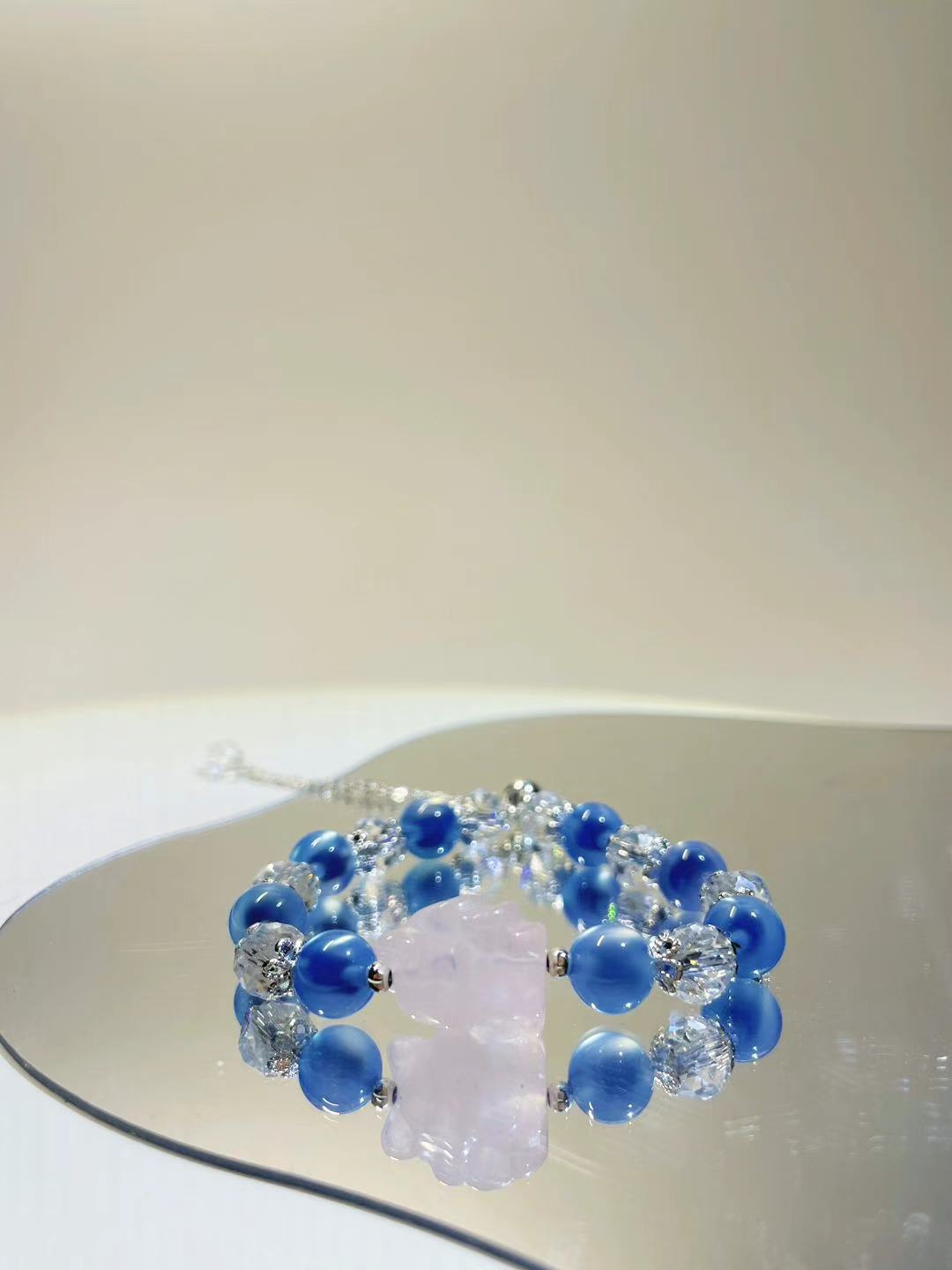Sugar Heart Agate Bead Bracelet with Rose Quartz Pink Crystal Fox - LunaVista