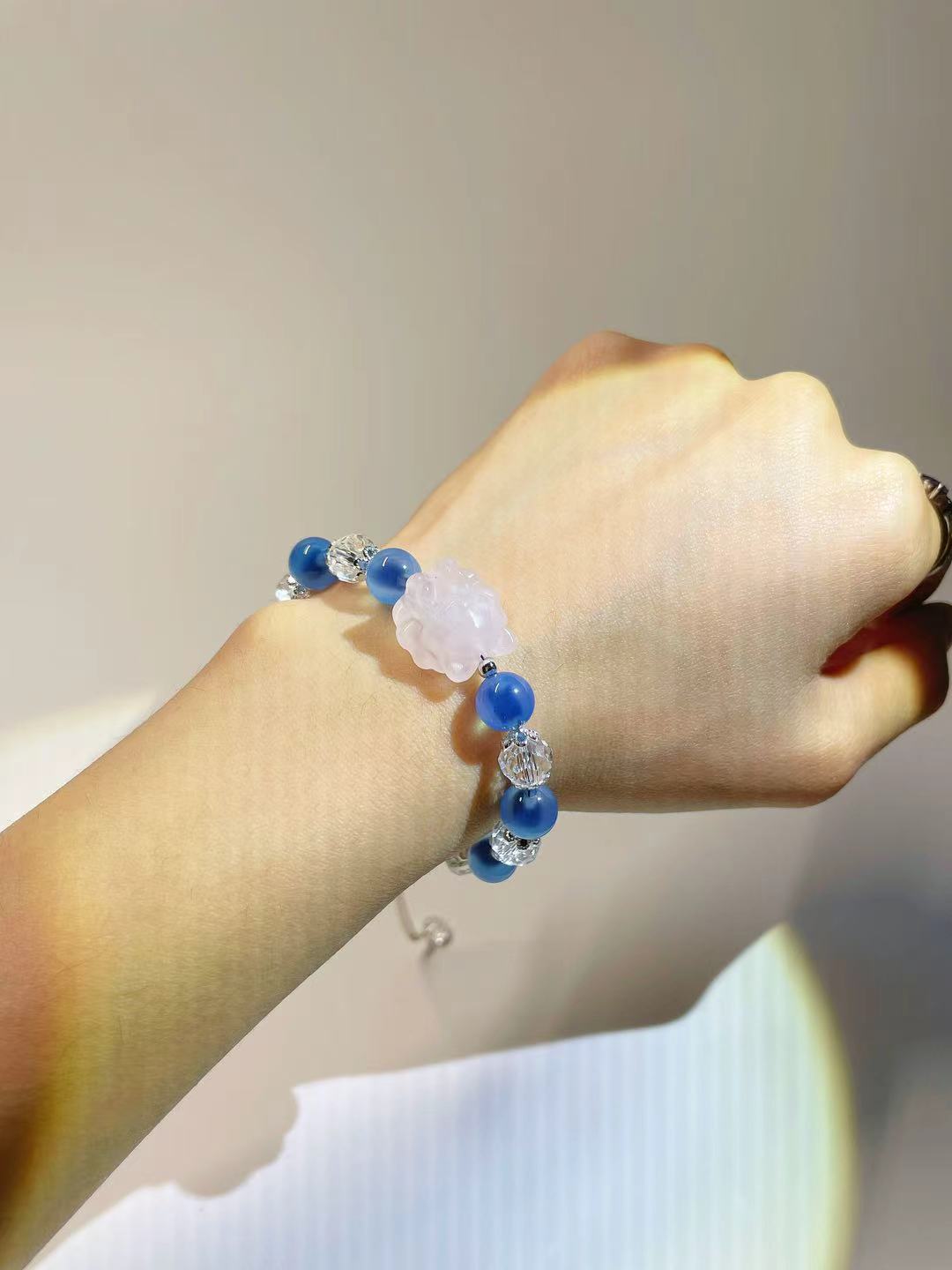Sugar Heart Agate Bead Bracelet with Rose Quartz Pink Crystal Fox - LunaVista