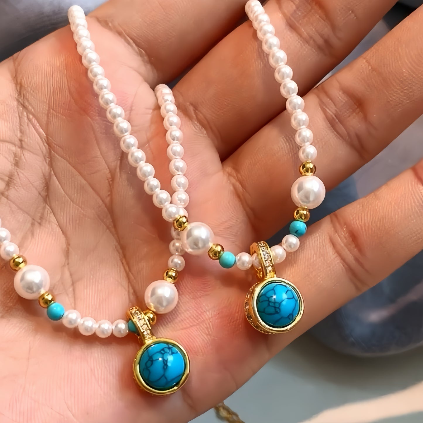 Pearl Necklace with Turquoise Pendant