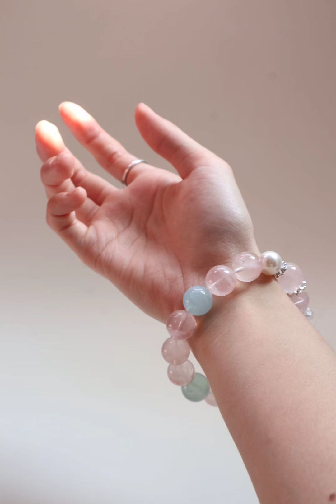 [Pink Kitten]Cat Rose Quartz & Aquamarine Bracelet