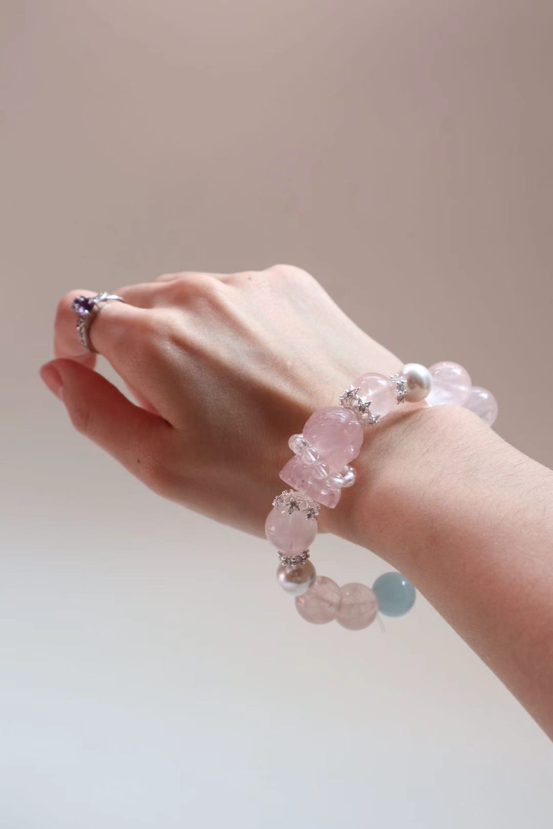 [Pink Kitten]Cat Rose Quartz & Aquamarine Bracelet