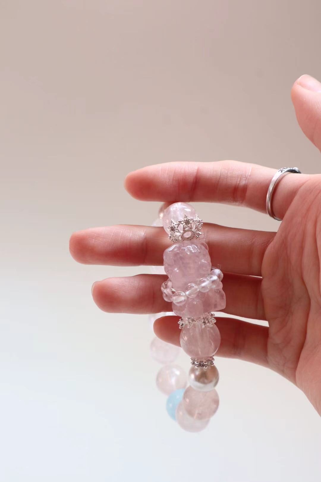 [Pink Kitten]Cat Rose Quartz & Aquamarine Bracelet