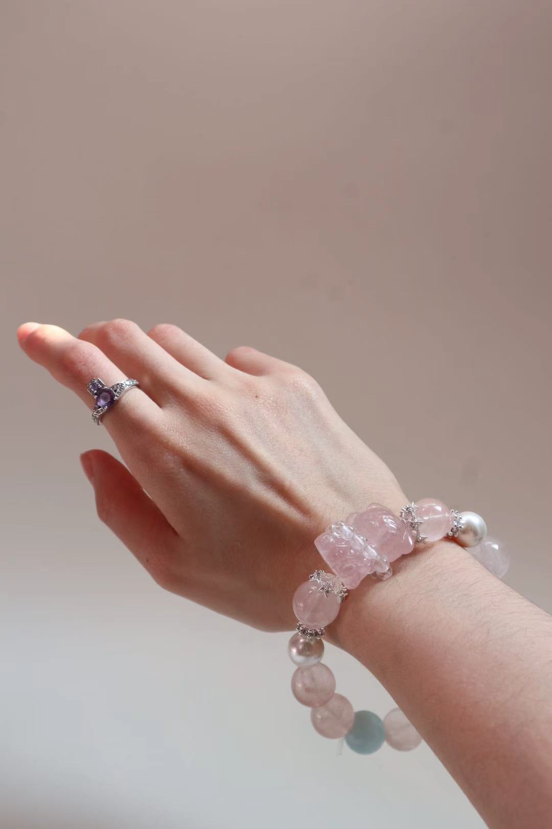 [Pink Kitten]Cat Rose Quartz & Aquamarine Bracelet