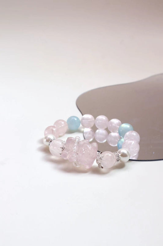 [Pink Kitten]Cat Rose Quartz & Aquamarine Bracelet